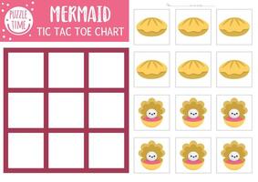 mermaid tic tac toe chart with seashell and pearl. Ocean kingdom board game playing field with cute characters. Funny marine fairytale printable worksheet. Noughts and crosses grid vector