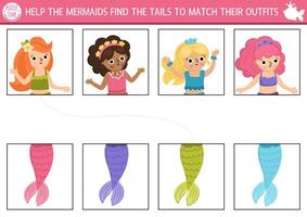 Mermaid matching activity with colored tail. Marine puzzle with sea princess. Match heads and tails game. Ocean kingdom printable worksheet. Fairytale logical match up page vector