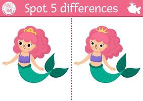 Find differences game for children. Mermaid educational activity with sea princess. Cute puzzle for kid with funny girl with tail. Printable worksheet or page for logic and attention skills vector