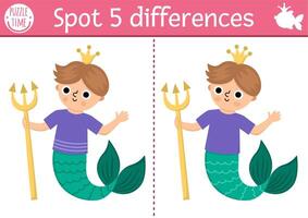Find differences game for children with merman, trident. Mermaid educational activity with sea prince, boy, tail. Cute puzzle for kids. Printable worksheet or page for logic and attention skills vector