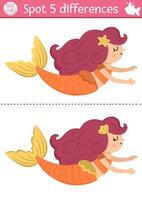 Find differences game for children. Mermaid educational activity with swimming sea princess. Cute puzzle for kids with funny girl with tail. Printable worksheet or page for logic and attention skills vector