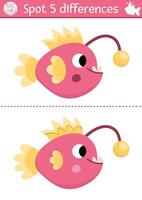 Find differences game for children. Mermaid educational activity with angler fish. Cute puzzle for kids with funny animal. Printable worksheet or page for logic and attention skills vector