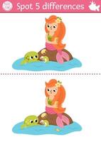 Find differences game for children. Mermaid educational activity with sea princess combing her hair. Cute puzzle for kids with girl, tail. Printable worksheet or page for logic and attention skills vector