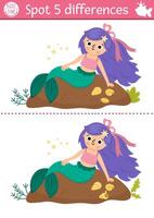 Find differences game for children. Mermaid educational activity with sea princess on the shore with seashells. Cute puzzle for kids with girl tail. Printable worksheet, page for logic, attention vector
