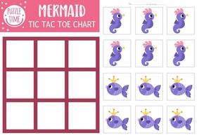 mermaid tic tac toe chart with purple fish and seahorse. Ocean kingdom board game playing field with cute characters. Funny marine fairytale printable worksheet. Noughts and crosses grid vector