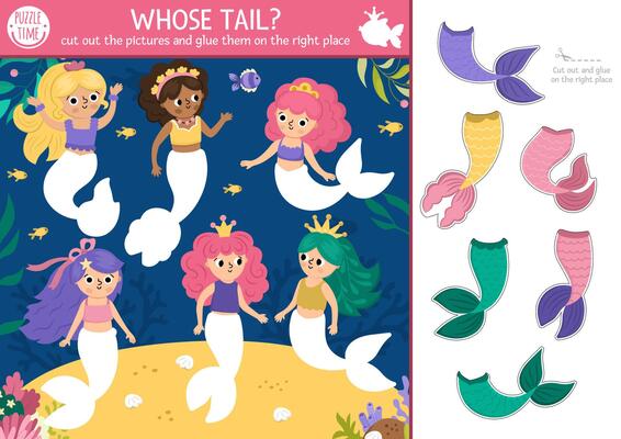 mermaid cut and glue activity. Crafting game with cute underwater landscape with sea princess colored tails. Fun marine printable worksheet for children. Find the right piece of the puzzle