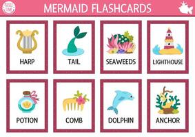 Mermaid flashcards with various sea objects vector