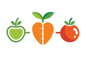 A raphic design of a green apple, orange carrot, and red tomato on white background vector