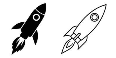 Two Dynamic Rocket Ship Icons Launching into Space A Bold Black and Simple Line Art Design vector