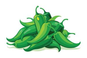 A vibrant pile of fresh green chili peppers, a spicy and zesty ingredient, ready for cooking, showcasing a lively and flavorful mood. vector