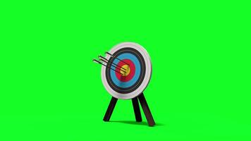 Business objective, purpose or target, goal and resolution to aim for success. Aspiration and motivation to achieve goal concept. Archery target with arrow in the center. 4k 3d animation video