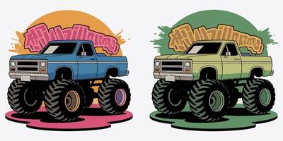 Vibrant monster trucks ready for action with abstract explosions vector