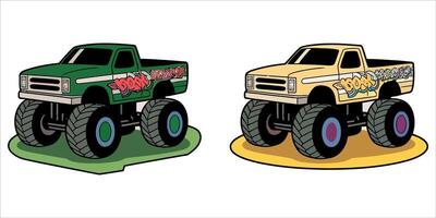 stylized monster trucks with graffiti and splatter backgrounds vector