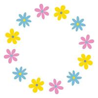 A cute round frame in a repeating pattern of flowers of different shapes and colors, yellow, pink and blue. vector