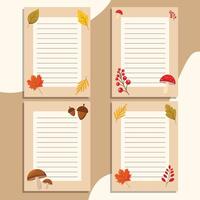 Autumn banners with writing lines, each decorated with autumn elements on a beige background. Autumn leaves, mountain ash, mushrooms, acorns. vector