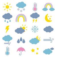illustration set of weather forecast icons, clouds, sun, rainbow, moon, rain, snow, thermometer, umbrella. vector