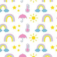 Seamless drawing with weather forecast, umbrella, sun, rainbow, thermometer, clouds, stars. vector
