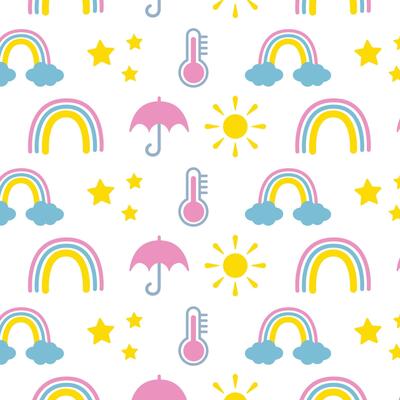 Seamless drawing with weather forecast, umbrella, sun, rainbow, thermometer, clouds, stars.