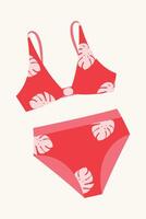 Red female swimsuit with tropical print. Isolated element for design. Summer, vacation, rest concept. vector