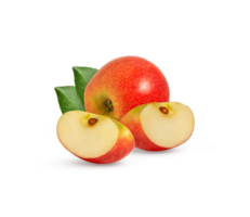 Pink lady apple with cut in half isolated with leaves. Red apples with leaf. png