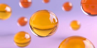 floating glossy caramel balls in pastel colored space, soft shadows photo