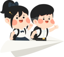 Two children in school uniforms are riding on a paper airplane png