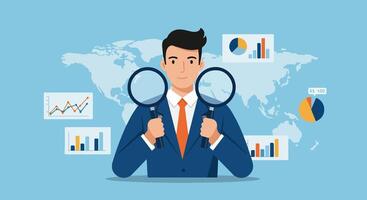 Flat Design Business Analyst with Magnifying Glasses Analyzing Global Data Overlaid with Colorful Charts and World Map on Light Blue Background vector