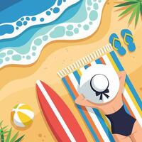 Overhead Flat Illustration of Woman Sunbathing on a Colorful Beach Towel by the Ocean vector