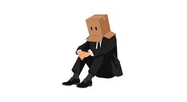 Flat Illustration of Anonymous Businessman in Black Suit with Cardboard Box on Head Sitting in Contemplative Pose vector