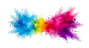 Curved V Shaped Watercolor Splash with Blue and Pink Ends Connected by Yellow and Orange Burst on White Background vector