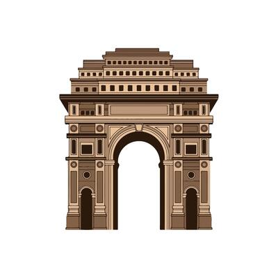 Flat Illustration of a Grand Brown Monumental Archway with Symmetrical Pillars and Decorative Architectural Details on White Background