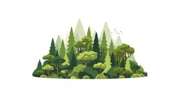 Flat Color Forest Landscape with Stylized Trees and Distant Mountains vector