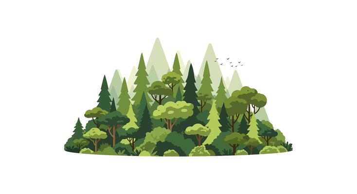 Flat Color Forest Landscape with Stylized Trees and Distant Mountains
