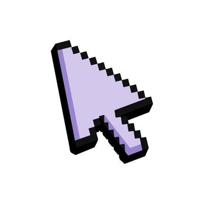 Flat Illustration of 3D Pixel Art Cursor in Pastel Purple with Black Outlines and Shadows Pointing Top Right