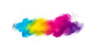 Asymmetrical Horizontal Watercolor Splash with Blue, Yellow, and Fuchsia-Purple Powdered Bursts on White Background vector