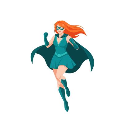 Flat Color Illustration of a Smiling Female Superhero with Flowing Orange Hair in Teal Costume, Skirt, and Cape in Mid Action Pose