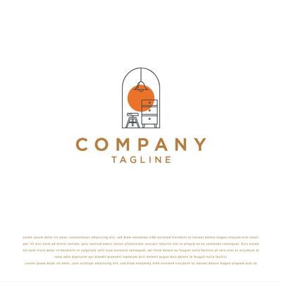 Elegant Minimalist Interior Scene Logo with Orange Sun Disc and Dark Gray Line-Art Furniture Under Arch on White Background