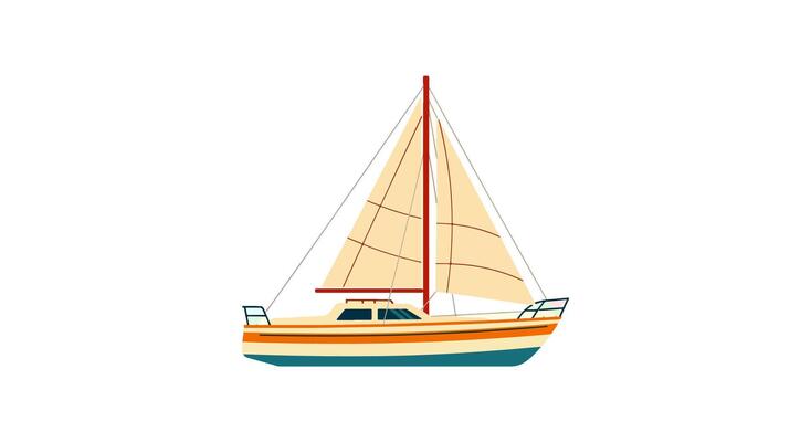 Flat Stylized Illustration of Sailboat with Cream and Teal Striped Hull, Reddish-Brown Mast, and Unfurled Cream Sails in Broadside View