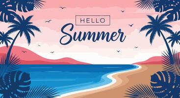 Flat Beach Summer Illustration with Peach-to-Red Sky Gradient, Ocean, Sandy Shore, Tropical Silhouettes, and Framed HELLO Summer Typography in Dark Blue vector