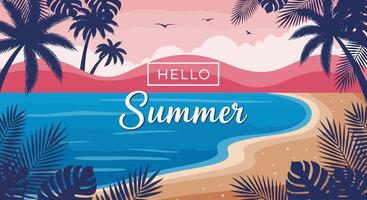 Flat Tropical Summer Illustration with Pink Gradient Sky, Blue Palm Trees, Curved Beach, Ocean Waves, and Stylized HELLO Summer Text in Framed Typography vector