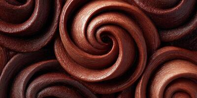 Extreme close-up of glossy chocolate mousse with glossy topping swirls, rich texture details, premium dessert macro, photo