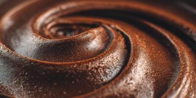 Extreme close-up of glossy chocolate mousse with glossy topping swirls, rich texture details, premium dessert macro. photo