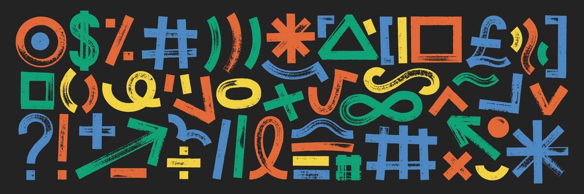 Set organic geometric bold shapes, texture lines and arrows. Grunge scribble elements in sketch style. Color illustration on a black background.