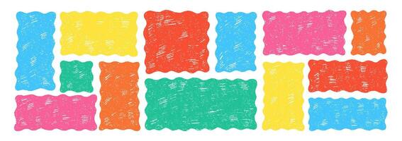 Set of rectangular frames with organic wavy edges and crayon, chalk or pastel texture. Stamps with rectangle shapes. Color illustration on a white background. vector