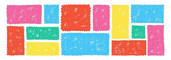 Set of frames with squiggly of wavy edges and crayon, chalk or pastel texture. Stamps with rectangle shapes. Color illustration on a white background. vector