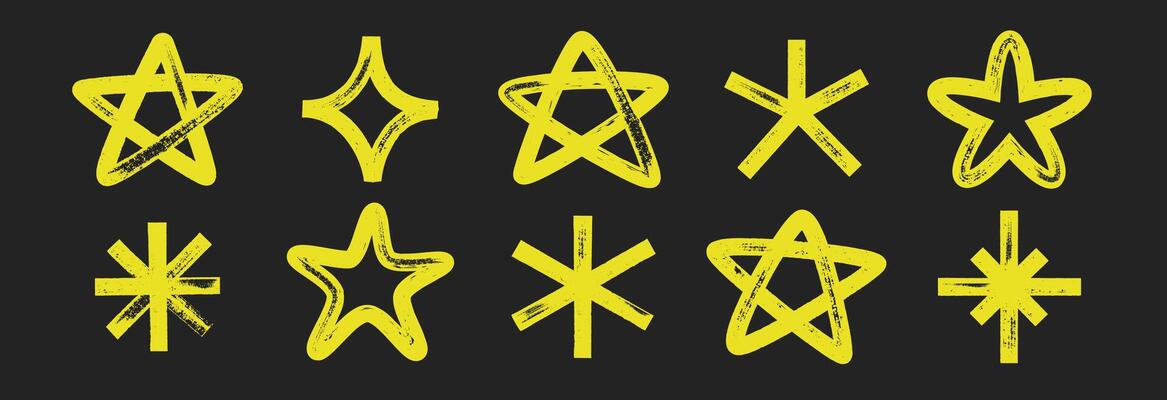 Set of hand drawn stars with brush or chalk texture. Grunge scribble elements in sketch style. Yellow illustration on a black background.