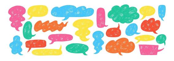 Set of speech bubbles and clouds with crayon or chalk texture. Color illustration on a white background. vector