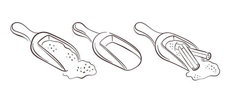 Line art set of spice scoop with powder and cinnamon stick. Perfect for cooking design, recipe book, packaging or culinary theme projects in vintage style. vector