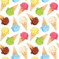 Seamless pattern of melting ice cream scoop in waffle cone in cartoon style. Perfect for summer themed design, packaging, textile, print and background. vector