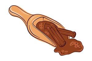 Illustration of wooden scoop with cinnamon sticks and powder on white background in flat style. Design for spice, food, baking ingredient and culinary decoration theme. vector